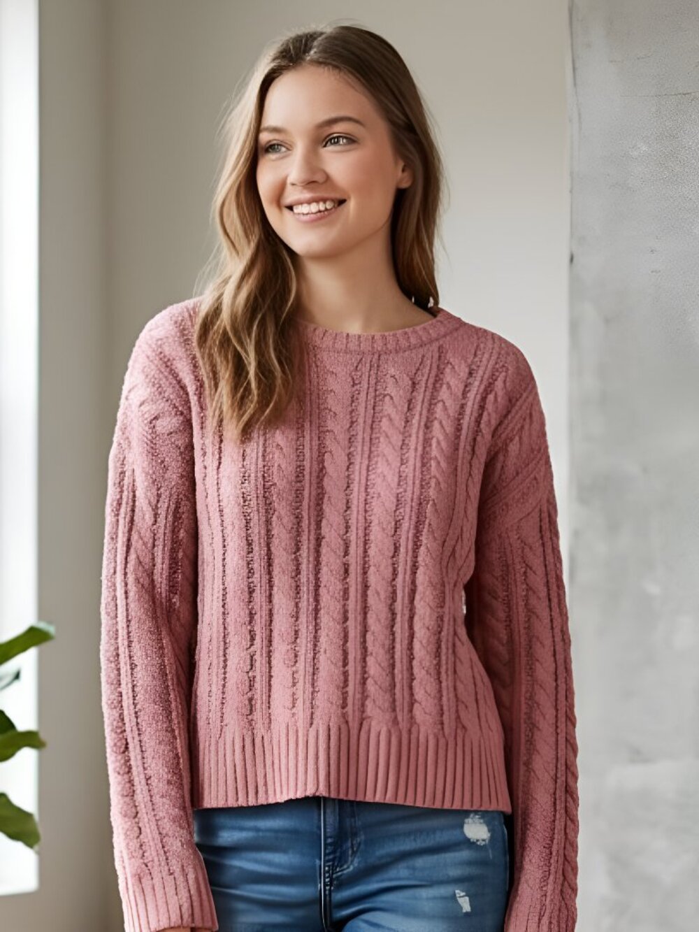 Philosophy Sweater Womens Large Pink Chenille Cable Knit Pullover NEW